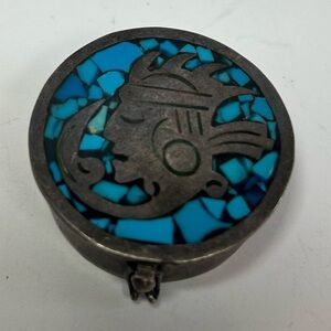 Vintage Sterling Silver Mexico Taxco trinket box crush turquoise inlay 34 grams